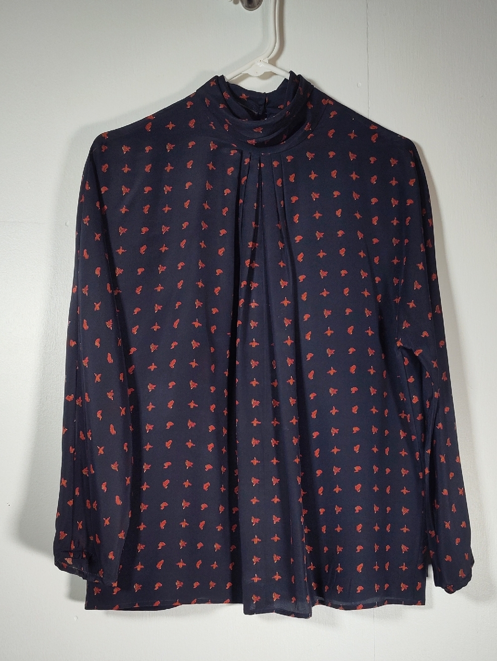 Vintage Levante navy blue bird print 100% silk high neck blouse 12